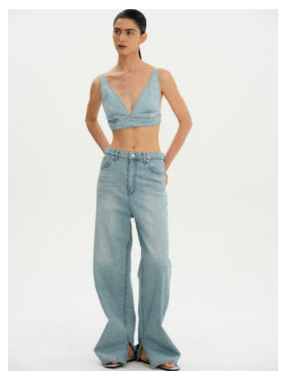Source Unknown: Denim Bralette & Wide Slit Jeans Set – Size Small
